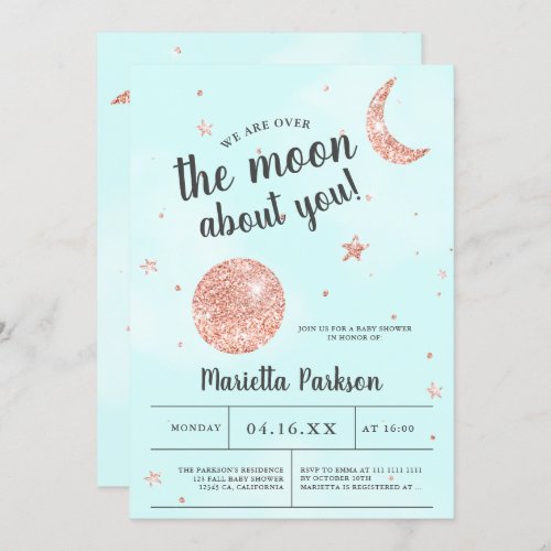 Moon rose gold glitter blue clouds baby shower invitation