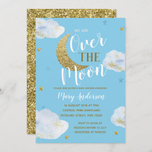 Moon Sky Blue Powder Blue and Gold Baby Shower Invitation