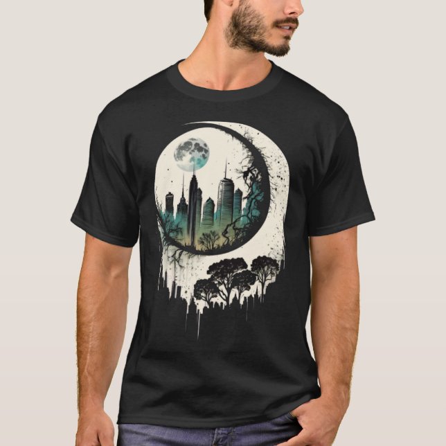 Moon Skyline City By Night Crescent Moon Aesthetic T-Shirt (Front)