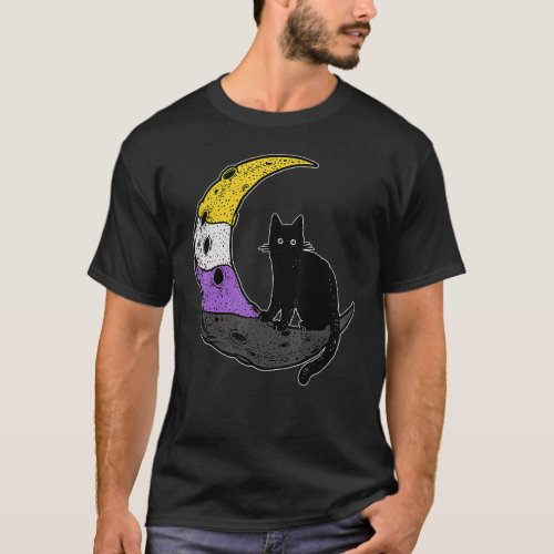Moon Space Cat Lgbt Pride With Nb Non Binary Flag T_Shirt