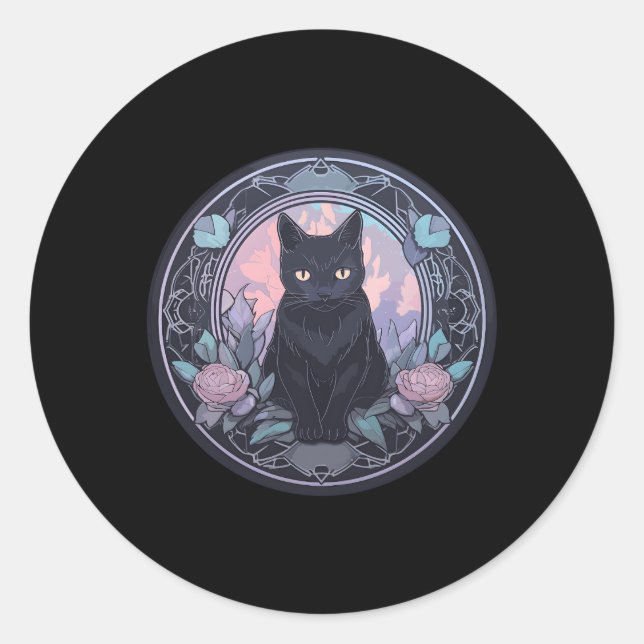 Moon Spiritual Cat Witchy Black Cat Pastel Classic Round Sticker (Front)