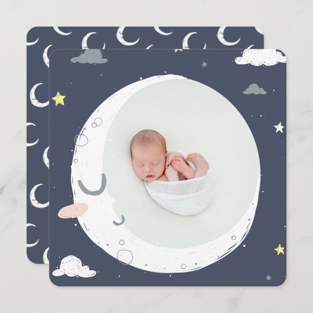 Moon, star and cloud cute photo birth announcement (Front/Back)
