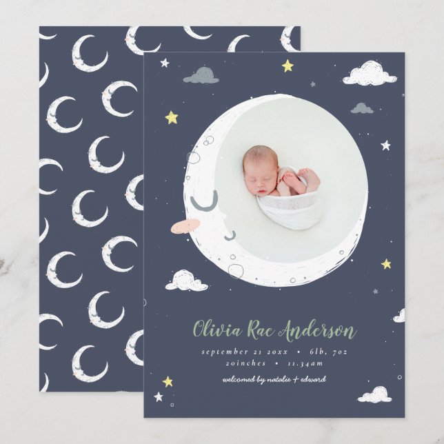 Moon, star and cloud cute photo birth announcement (Front/Back)