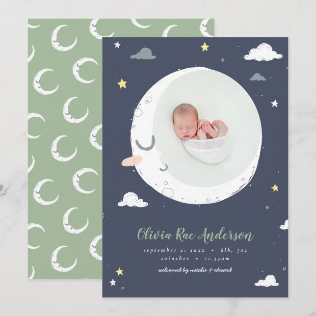 Moon, star and cloud cute photo birth announcement (Front/Back)