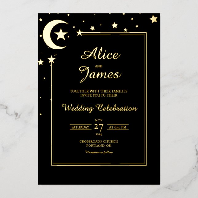 Moon Star Border Elegant Black Gold Foil Wedding Invitation (Front)