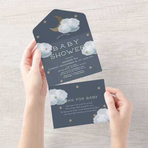 Moon Star  Cloud Navy Blue Book Baby Shower All In One Invitation