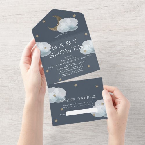 Moon Star  Cloud Navy Blue Diaper Baby Shower All In One Invitation