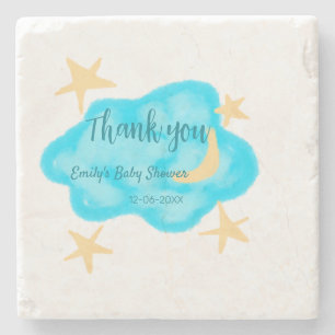 Moon star clouds watercolor baby shower add name t stone coaster