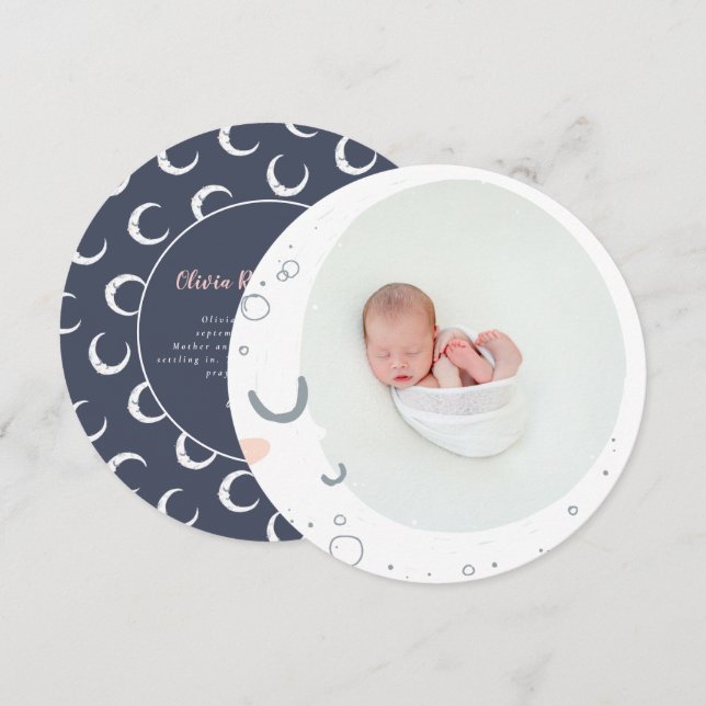 Moon star cute girly pink navy photo birth announcement (Front/Back)
