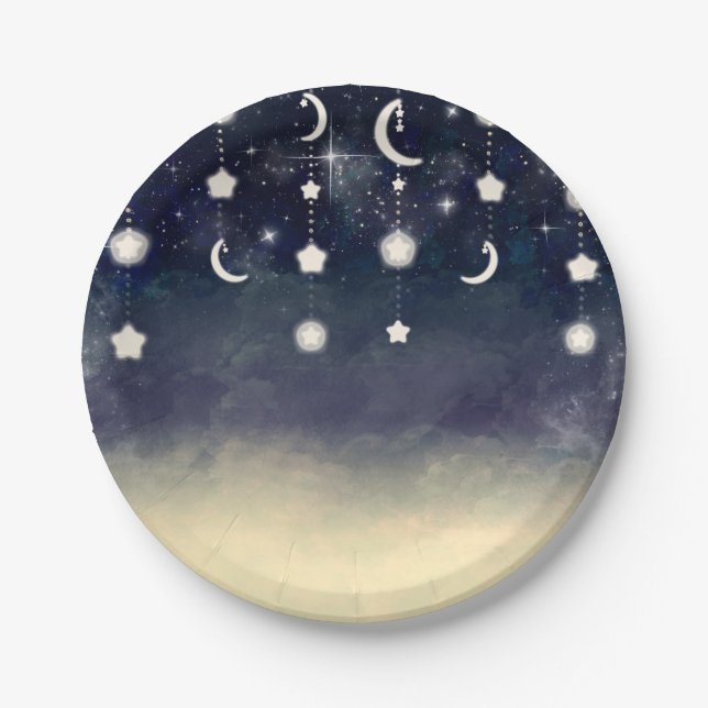 Moon Star Glow Celestial Watercolor Baby Shower Paper Plates (Front)