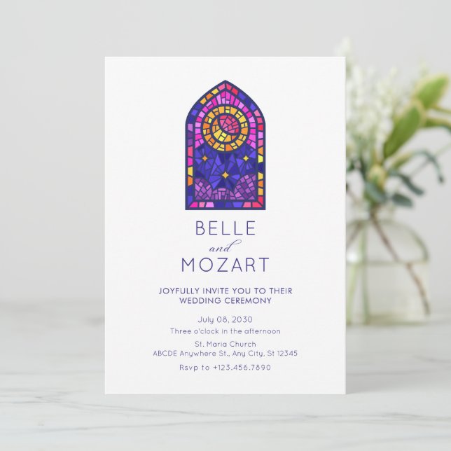 Moon star mosaic window glass wedding ceremony invitation (Standing Front)
