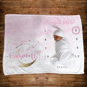 Moon Star Pink Girl Monthly Milestone Baby Blanket