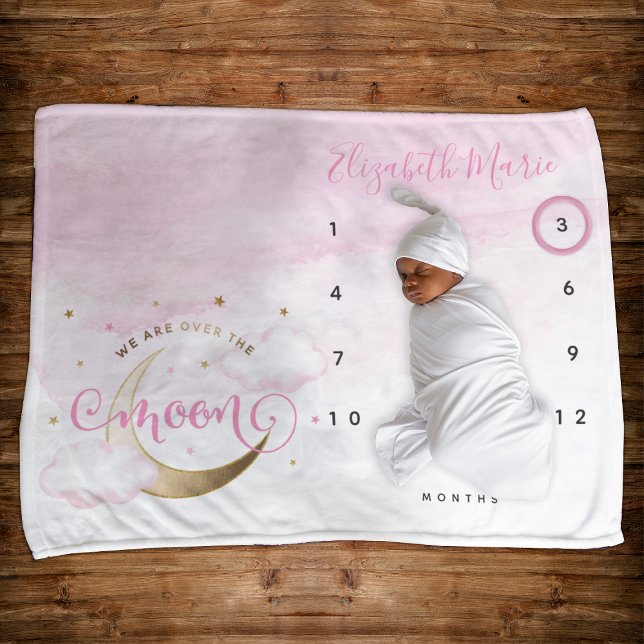 Moon Star Pink Girl Monthly Milestone Baby Blanket (Creator Uploaded)