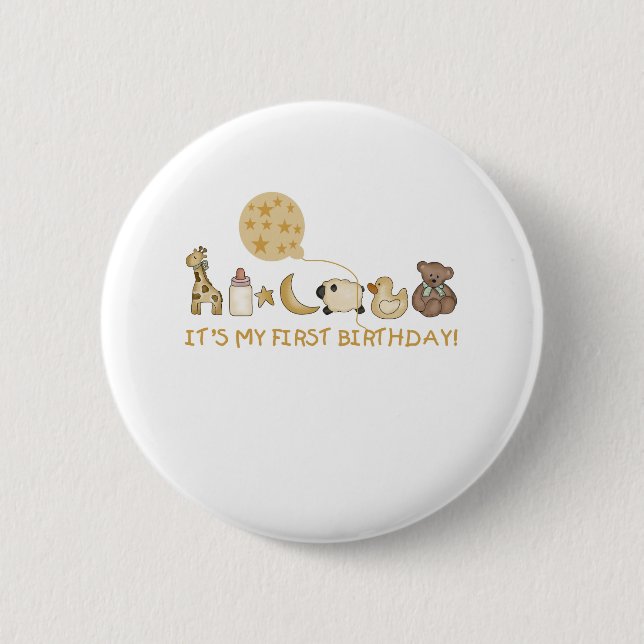Moon,Stars, and Animals First Birthday Button (Front)
