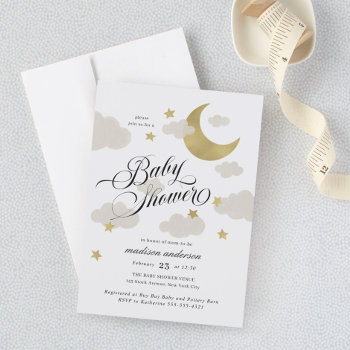 Moon  Stars  And Clouds Fancy Script Baby Shower by NBpaperco at Zazzle