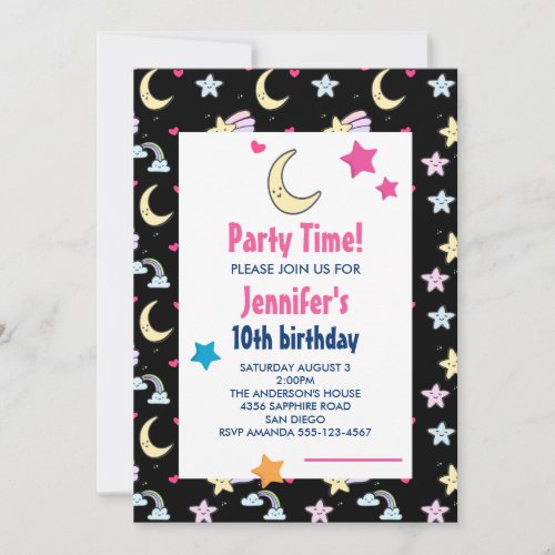 Moon Stars and Clouds Pattern BlackBirthday Party Invitation