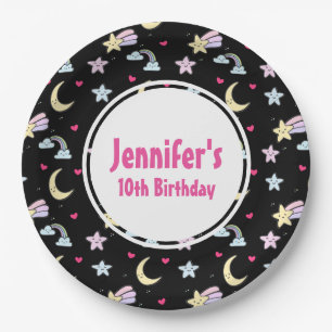 Moon, Stars and Clouds Pattern on Black Birthday Paper Plates