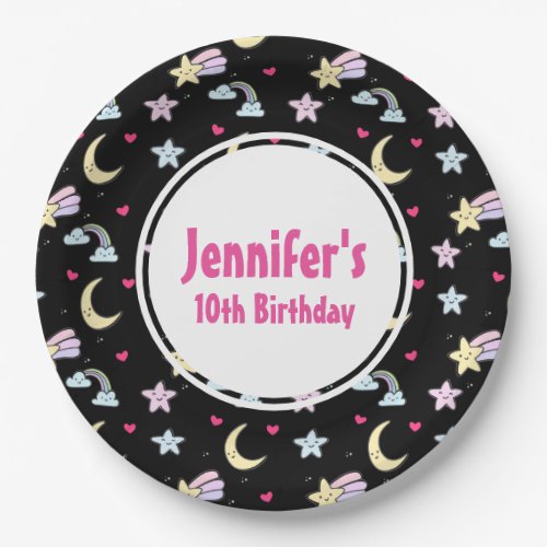 Moon Stars and Clouds Pattern on Black Birthday Paper Plates