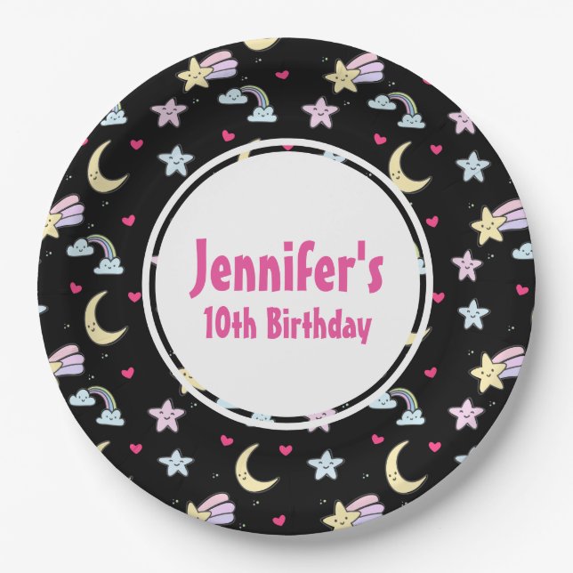 Moon, Stars and Clouds Pattern on Black Birthday Paper Plates (Front)
