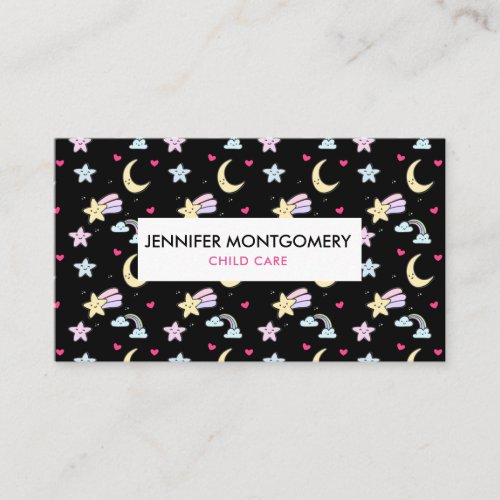 Moon Stars and Clouds Pattern on Black Business Card