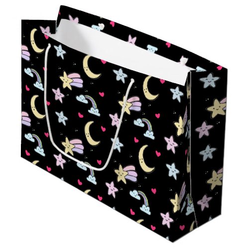 Moon Stars and Clouds Pattern on Black Large Gift Bag