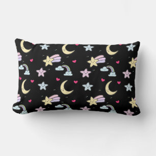 Moon, Stars and Clouds Pattern on Black Lumbar Pillow