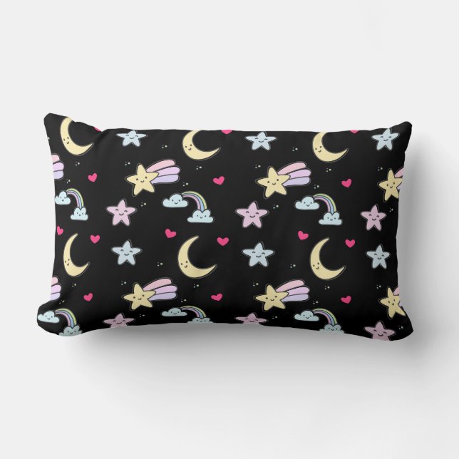 Moon, Stars and Clouds Pattern on Black Lumbar Pillow (Front)