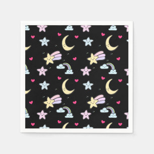 Moon, Stars and Clouds Pattern on Black Napkins