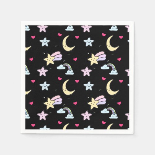 Moon Stars and Clouds Pattern on Black Napkins