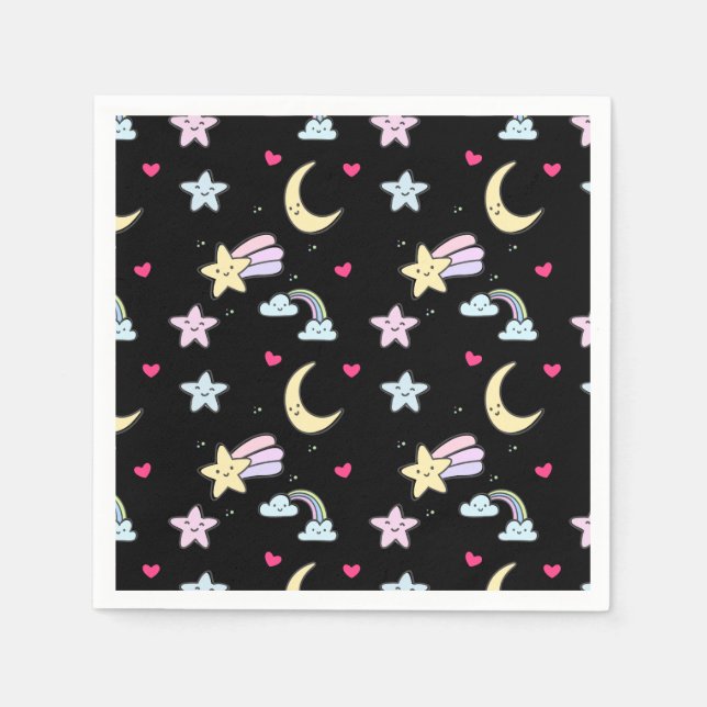 Moon, Stars and Clouds Pattern on Black Napkins (Front)