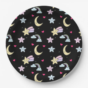 Moon, Stars and Clouds Pattern on Black Paper Plates