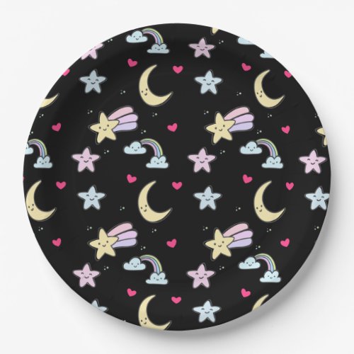 Moon Stars and Clouds Pattern on Black Paper Plates