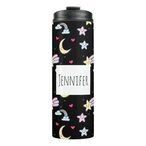 Moon Stars and Clouds Pattern on Black Thermal Tumbler