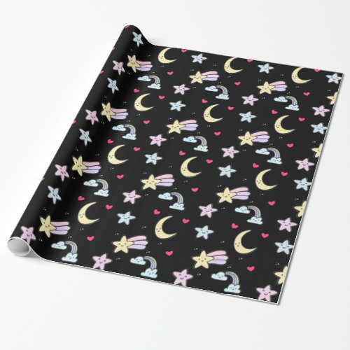 Moon Stars and Clouds Pattern on Black Wrapping Paper