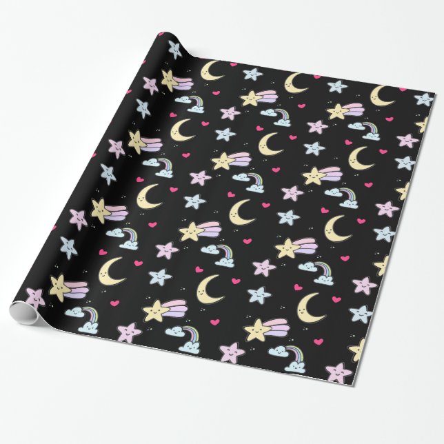 Moon, Stars and Clouds Pattern on Black Wrapping Paper (Unrolled)