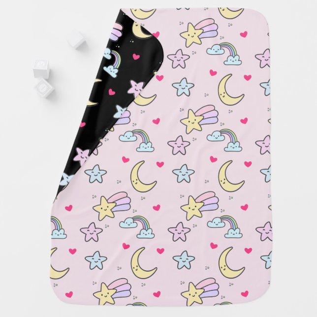 Moon, Stars and Clouds Pattern on Pastel Pink Baby Blanket (In Situ)