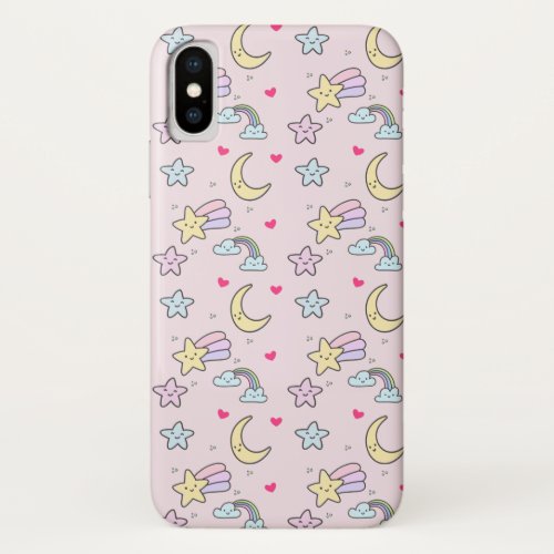 Moon Stars and Clouds Pattern on Pastel Pink iPhone X Case