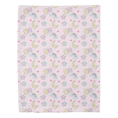 Moon Stars and Clouds Pattern on Pastel Pink Duvet Cover