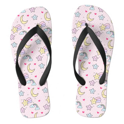 Moon Stars and Clouds Pattern on Pastel Pink Flip Flops