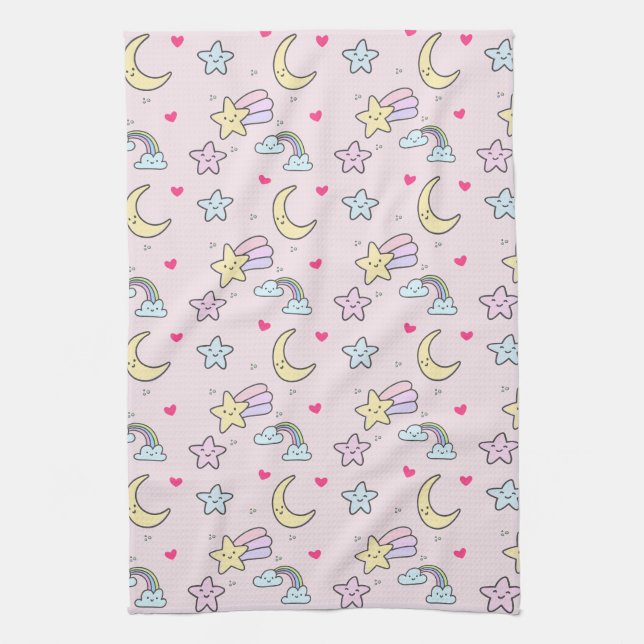 Moon, Stars and Clouds Pattern on Pastel Pink Kitchen Towel (Vertical)