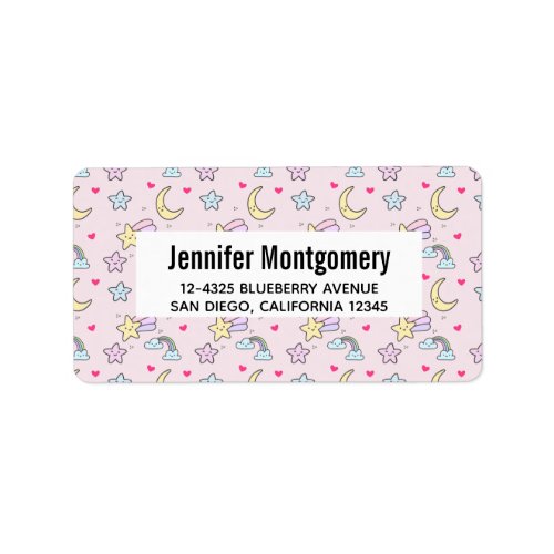 Moon Stars and Clouds Pattern on Pastel Pink Label