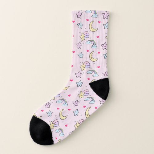 Moon Stars and Clouds Pattern on Pastel Pink Socks