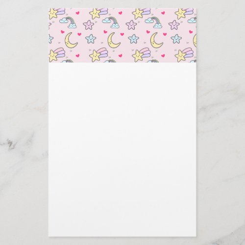 Moon Stars and Clouds Pattern on Pastel Pink Stationery