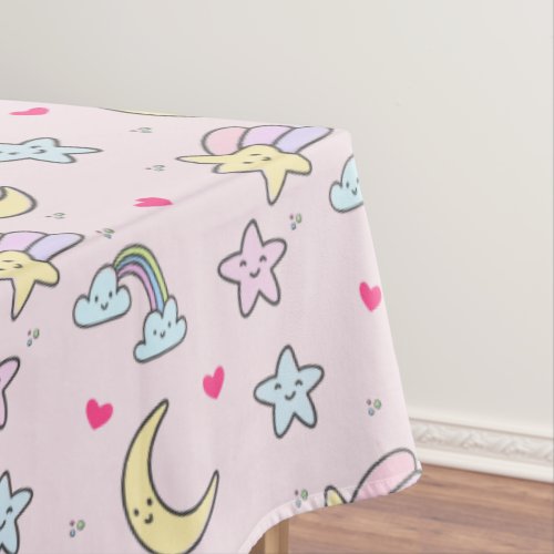 Moon Stars and Clouds Pattern on Pastel Pink Tablecloth