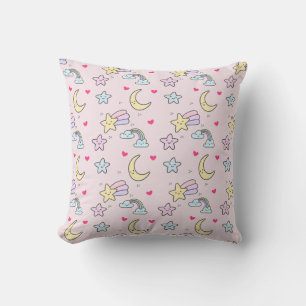Moon, Stars and Clouds Pattern on Pastel Pink Throw Pillow