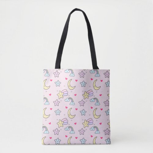 Moon Stars and Clouds Pattern on Pastel Pink Tote Bag
