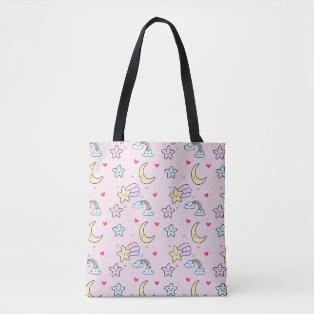 Moon, Stars and Clouds Pattern on Pastel Pink Tote Bag (Front)