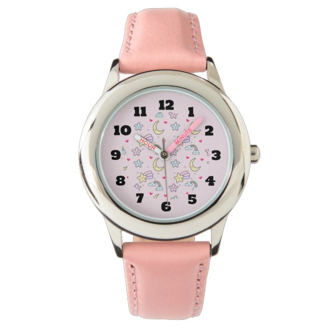 Moon, Stars and Clouds Pattern on Pastel Pink Watch (Front)