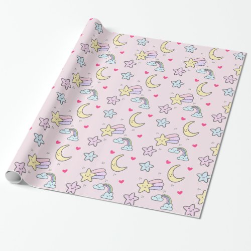 Moon Stars and Clouds Pattern on Pastel Pink Wrapping Paper