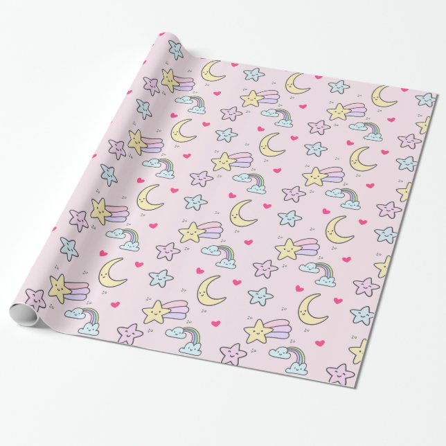Moon, Stars and Clouds Pattern on Pastel Pink Wrapping Paper (Unrolled)